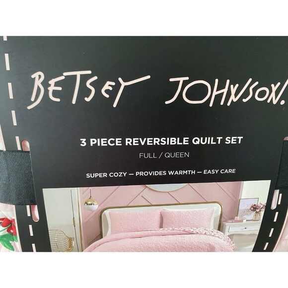3 Piece Set BETSEY JOHNSON Reversible QUEEN Quilt Valentines HEARTS Cherries NEW - Picture 4 of 16
